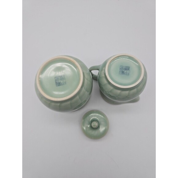 Vintage Chinese Longquan Celadon Green Koi Fish Sugar & Creamer Set 1950-1980 - Picture 5 of 8